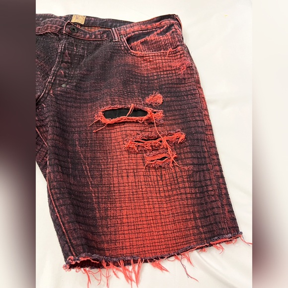 PRPS Denim Button Fly Shorts Barracuda Size 42 Red Black Distressed - Picture 2 of 12